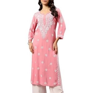 Seva Chikan Hand Embroidered Lucknowi Chikankari Straight Regular Fit Rayon Women's Long Kurta SCL4273